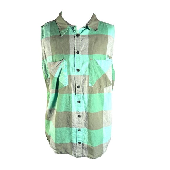 Patagonia Green Plaid Button Down Tank Women Size XL - Picture 1 of 9